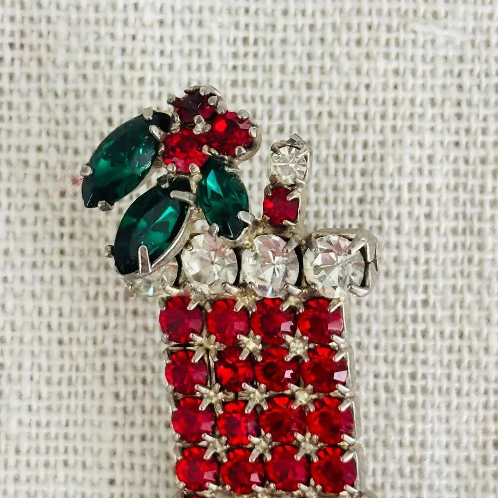Vintage Pot Metal Brooch Red Christmas Stocking Holly Springs Rhinestone Petite